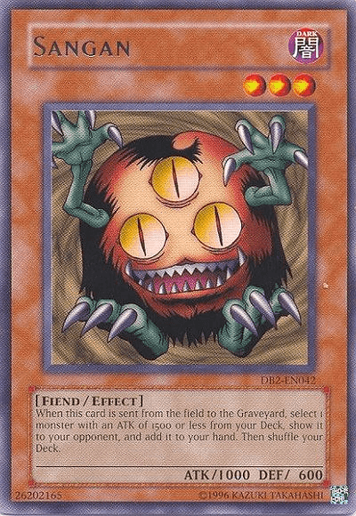 A "Yu-Gi-Oh!" trading card from Dark Beginning 2 featuring "Sangan [DB2-EN042] Rare." This Rare Effect Monster displays a fiendish creature with three eyes, sharp teeth, long claws, and green limbs. It's categorized as a dark attribute with 1000 ATK and 600 DEF. The card text details its effect when sent to the Graveyard.