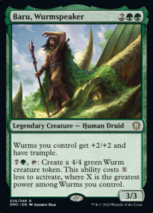 Baru, Wurmspeaker [Dominaria United Commander] Magic: The Gathering card is a Legendary Creature from Dominaria United Commander. It depicts a druid wielding a staff beside a large, coiled wurm. Green with a cost of 2GG, it reads: "Wurms you control get +2/+2 and have trample. 7G, tap: Create a 4/4