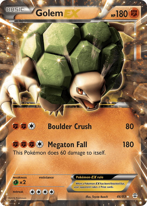 A Pokémon trading card from the XY: Generations series features the Ultra Rare Golem EX (46/83), which has an HP of 180. The card highlights two powerful moves: Boulder Crush, which deals 80 damage, and Megaton Fall, which inflicts 180 damage but causes Golem to harm itself by 60. The artwork portrays Golem amidst geometric shapes and rocky textures, with a weakness of ×2 to Water types.