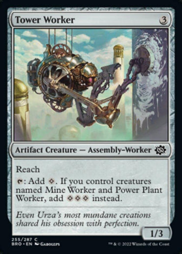 A Magic: The Gathering trading card named "Tower Worker [The Brothers' War]" features an Artifact Creature of the Assembly-Worker subtype. Costing three mana, this card has a power/toughness of 1/3 and includes Reach along with two activated abilities. The illustration showcases a mechanical creature that looks like a construction machine.