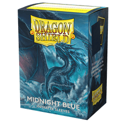 Arcane Tinmen's Dragon Shield: Standard 100ct Sleeves - Midnight Blue (Matte) feature a blue dragon with outstretched wings against a stormy sky. "Dragon Shield" is at the top, and "Midnight Blue, 100 Matte Sleeves" is at the bottom.