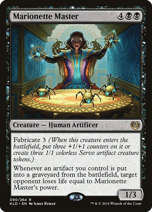 A Magic: The Gathering card from the Kaladesh set, Marionette Master [Kaladesh], depicts a human artificer manipulating puppet-like constructs. It costs 4 black mana and boasts Fabricate 3. When an artifact dies, it deals damage equal to Marionette Master's power. The card's stats are 1/3.