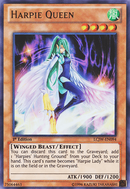 The **Harpie Queen [LCJW-EN094] Ultra Rare** card from **Yu-Gi-Oh!** features a winged female creature with green hair and vibrant, multicolored wings. The purple background has dynamic, swirling patterns. As an Effect Monster, its attributes include ATK 1900, DEF 1200, and specialized abilities for deck strategies in Legendary Collection 4: Joey's World.