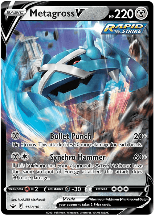 A Pokémon Metagross V (112/198) [Sword & Shield: Chilling Reign] card featuring Metagross V with 220 HP, labeled as a Rapid Strike card, from the Chilling Reign expansion in the Sword & Shield series. The ultra rare card showcases an illustration of the metallic, four-armed Pokémon Metagross against a dynamic, cosmic-themed background in black, blue, and silver tones. Its moves are Bullet Punch and Synchro Hammer.

