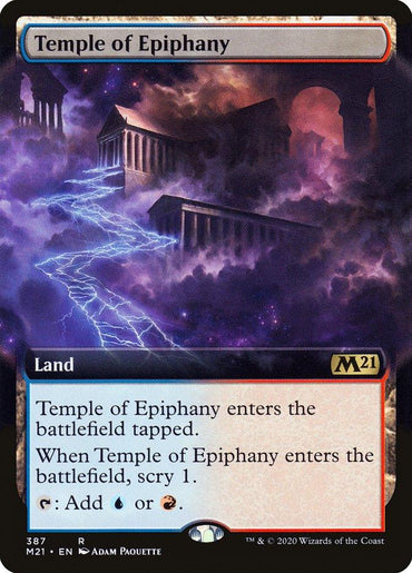 An illustrated card from the game "Magic: The Gathering" called "Temple of Epiphany (Extended Art) [Core Set 2021]." This rare land card features a temple situated on a mountain, surrounded by ominous clouds and lightning. It falls under the "Land" category and includes special abilities in its text. Mana icons for blue and red are displayed at the bottom, and it is card number 387 marked as "R.