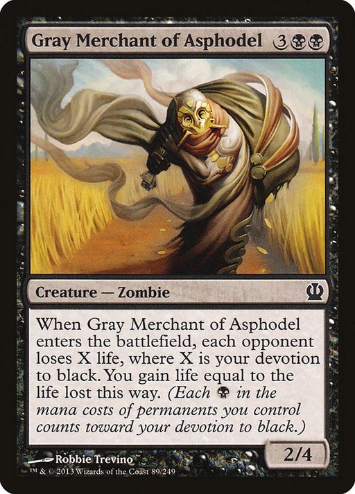 A Magic: The Gathering card titled **"Gray Merchant of Asphodel [Theros]"** showcases a Zombie creature clothed in tattered robes in a desolate landscape. With devotion to black, this card's abilities are detailed in the text and its artist is Robbie Trevino. The creature has stats of 2 power and 4 toughness.