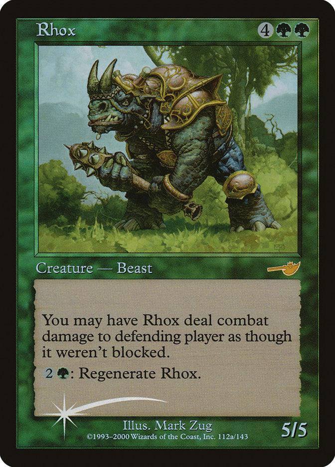 A rare Magic: The Gathering card named Rhox [Starter 2000], featured in the Starter 2000 set, is a Creature — Beast, costing 4 generic and 2 green mana. With 5 power and 5 toughness, its text reads, 