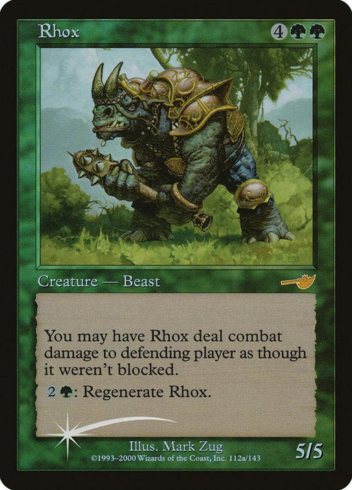 A rare Magic: The Gathering card named Rhox [Starter 2000], featured in the Starter 2000 set, is a Creature — Beast, costing 4 generic and 2 green mana. With 5 power and 5 toughness, its text reads, "You may have Rhox deal combat damage to defending player as though it weren't blocked. 2 green: Regenerate Rhox.