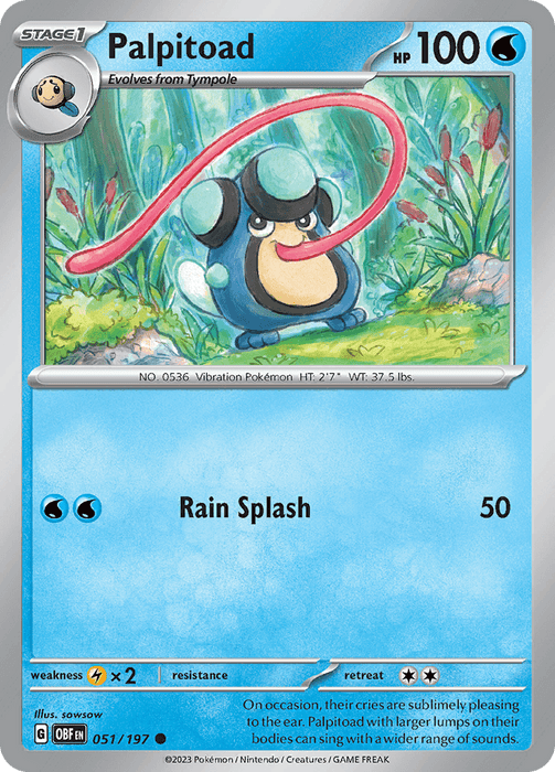 A Pokémon Palpitoad (051/197) [Scarlet & Violet: Obsidian Flames] card from the Scarlet & Violet: Obsidian Flames series featuring Palpitoad, a round, blue frog-like creature with large eyes and a pink tongue extended outward. This Common Rarity Water Type card displays 100 HP, evolves from Tympole, and has a move called "Rain Splash" which deals 50 damage. The background shows a grassy area with flowers.
