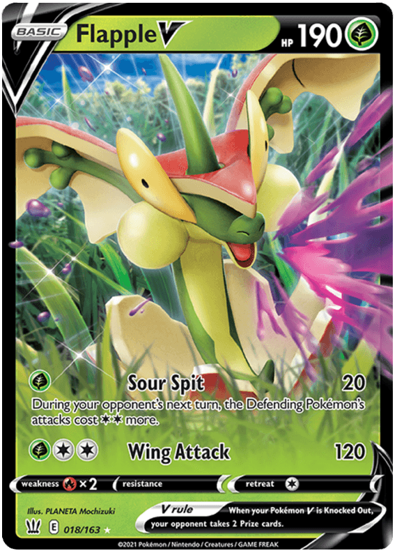 A Pokémon trading card featuring Flapple V (018/163) [Sword & Shield: Battle Styles] from the Pokémon series. The card depicts Flapple, a dragon and apple-themed Pokémon, with green wings, red body, and a playful expression. It has 190 HP, with moves 