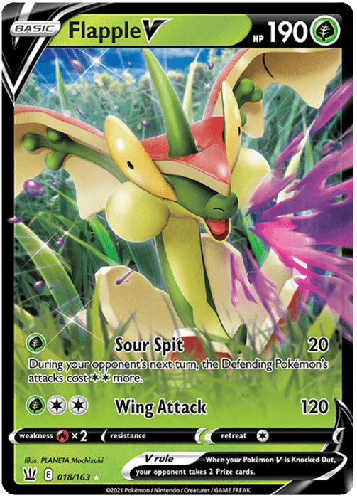 A Pokémon trading card featuring Flapple V (018/163) [Sword & Shield: Battle Styles] from the Pokémon series. The card depicts Flapple, a dragon and apple-themed Pokémon, with green wings, red body, and a playful expression. It has 190 HP, with moves "Sour Spit" and "Wing Attack." This Ultra Rare card is numbered 018/163.