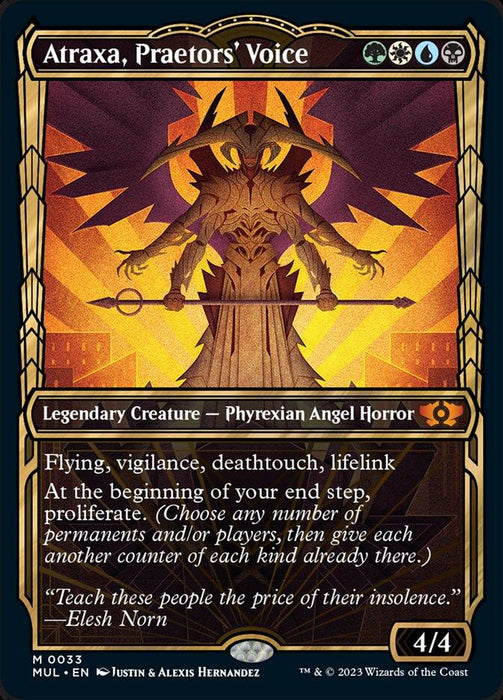 The Magic: The Gathering card titled "Atraxa, Praetors' Voice [Multiverse Legends]" features the Legendary Creature, a Phyrexian Angel Horror, with four wings spread wide over a fiery background. Attributes include flying, vigilance, deathtouch, and lifelink. Special ability: Proliferate at the end step. Power and toughness: 4/4. Art by Justin &