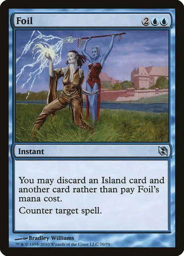 A Magic: The Gathering card, "Foil" from Duel Decks: Elspeth vs. Tezzeret, depicts a blue border with two spellcasters—a human summoning lightning and a blue-haired red-skinned figure. A castle and river are in the background. Text reads, “You may discard an Island card… Counter target spell.”.