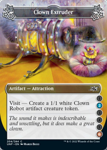 A brightly colored fantasy card titled "Clown Extruder (2-6) [Unfinity]." The illustration shows a whimsical machine with vibrant hues producing clown-like robot figures. A smiling clown sits on a cushioned platform. Part of the "Artifact — Attraction" series, it details a visit effect creating a 1/1 white Clown Robot artifact creature token. The flavor text reads, "The sound it makes is indescribable." From Magic: The Gathering.