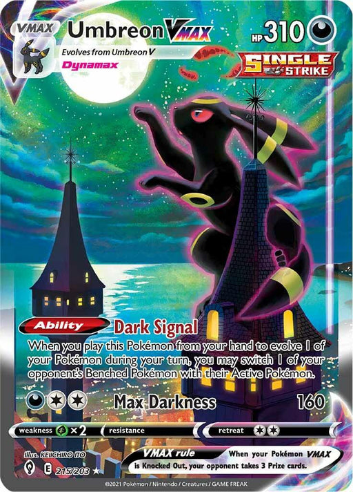 A Pokémon Umbreon VMAX (215/203) [Sword & Shield: Evolving Skies] from Pokémon featuring the Secret Rare, Umbreon VMAX. The card has an HP of 310 and shows Umbreon in a dynamic pose against a night sky with a building and a full moon. It has the ability "Dark Signal" and the move "Max Darkness" with a damage of 160. The card features vibrant colors and intricate