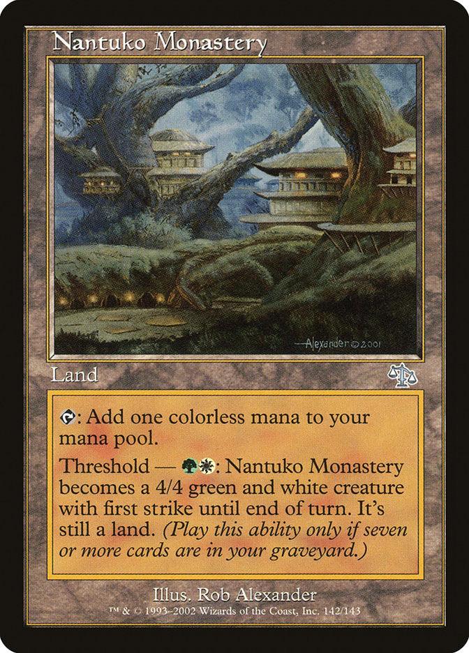 The Magic: The Gathering card "Nantuko Monastery [Judgment]" can add one colorless mana to your mana pool. Additionally, with the threshold ability, it transforms into a 4/4 creature with first strike if you have seven or more cards in your graveyard. Artwork by Rob Alexander, 1993-2002.