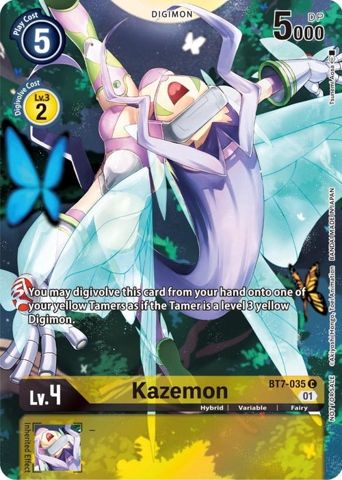 The Kazemon [BT7-035] (2nd Anniversary Frontier Card) from the Digimon card game, part of the Next Adventure Promos, is a yellow and purple Fairy-type Digimon with butterfly-like wings. This card costs 5 to play and has a digivolution cost of 2 from level 3 yellow Digimon, boasting 5000 DP and featuring an inherited effect.