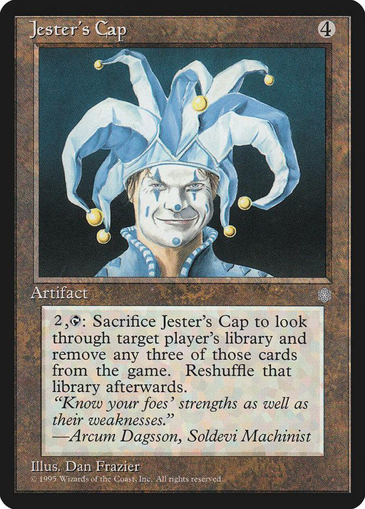 A Magic: The Gathering artifact card from the Ice Age set titled Jester's Cap [Ice Age]. It features a man wearing a blue and white jester's hat with bells and matching outfit. This card costs 4 mana to play, with abilities requiring 2 mana and tap sacrifice to search and exile 3 cards from a player's library. Artwork by Dan Frazier.