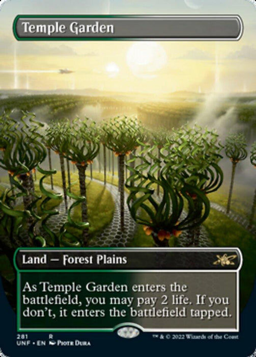 The image shows a "Magic: The Gathering" card titled "Temple Garden (Borderless) [Unfinity]." The artwork depicts a lush, sunlit landscape with winding, hedged pathways and tall, alien-like trees. This rare card is a Land, specifically a Forest Plains, and its text details a game mechanic regarding paying life to enter untapped.