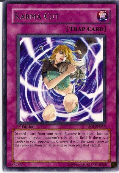 A Yu-Gi-Oh! trading card titled "Karma Cut [SOI-EN053] Rare," featuring a purple border and "TRAP CARD" at the top. The rare, 1st Edition card from the Shadow of Infinity series shows a blonde figure being sucked into a vortex. Its effect text discusses discarding a card to banish a monster and its related cards from play.