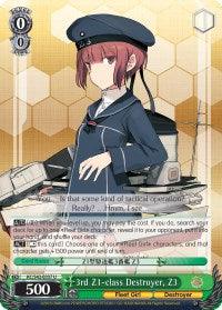 A Character Card named "3rd Z1-class Destroyer, Z3 (KC/S42-E037 U) [KanColle: Arrival! Reinforcement Fleets from Europe!]" from Bushiroad, featuring a KanColle anime-style Fleet Girl with short red hair wearing a naval uniform and cap. The character stands on a ship deck with a honeycomb background. The card includes various stats, abilities, and texts and has a value of 500.