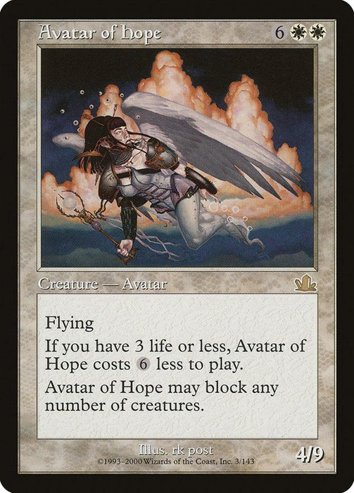 A Magic: The Gathering card titled "Avatar of Hope [Prophecy]," from the Prophecy set, features artwork of a winged female figure in armor holding a spear against a dramatic sky. This rare creature card is white, costs 6 colorless and 2 white mana, and boasts a power and toughness of 4/9 with detailed abilities.