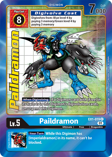 A Digimon trading card from the Classic Collection features Paildramon [EX1-019] (Alternate Art) [Classic Collection], a dragonkin with a humanoid form. It has metallic wings, claws, and red eyes. The card showcases attributes, including a Digivolution cost, its level (Lv. 5), the text "When Digivolving," an ability description, and the name Paildramon [EX1-019] (Alternate Art) [Classic Collection].