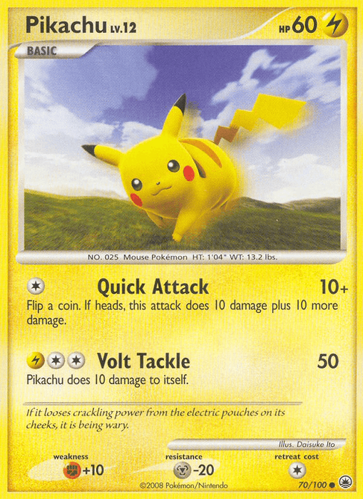 Image of a Pikachu (70/100) [Diamond & Pearl: Majestic Dawn] Pokémon card. Pikachu is a yellow, mouse-like creature with pointy ears and red cheeks. This card, numbered 70/100, has 60 HP and is Level 12. It features Quick Attack and Volt Tackle moves. Background shows a scenic landscape with green fields and a blue sky.