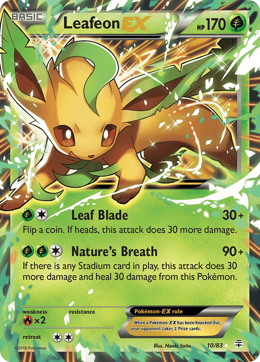 A Pokémon trading card featuring Leafeon EX (10/83) [XY: Generations] from the Pokémon series. This Ultra Rare card showcases a vibrant illustration of Leafeon surrounded by green and white energy. With 170 HP, its attacks include "Leaf Blade" and "Nature's Breath." The card has weaknesses to Fire, a retreat cost of two, and the EX rule.