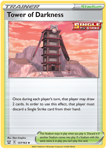 A Pokémon trading card titled "Tower of Darkness (137/163) [Sword & Shield: Battle Styles]" from the Pokémon set. The card features an illustration of a multi-tiered pagoda-like tower on a rugged mountain backdrop. The "Stadium" and "Single Strike" logos are present, with text detailing that players draw 2 cards if they discard a Single Strike card.