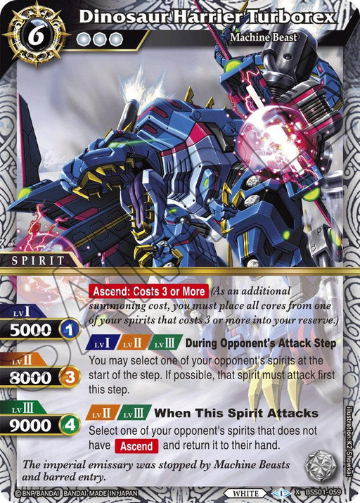 A Bandai card titled "Dinosaur Harrier Turborex (BSS01-059) [Dawn of History]." The X Rare card features a Machine Beast with blue and red armor, wings with thrusters, and glowing red eyes. With multiple levels, power stats, and special abilities—“Ascend: Costs 3 or More,” “During Opponent’s Attack Step,” and “When This Spirit Attacks.”