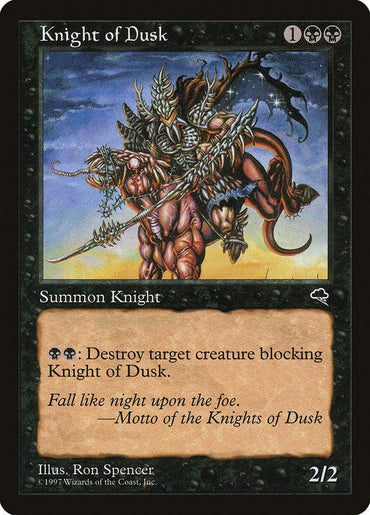 The "Knight of Dusk" card from the Magic: The Gathering Tempest series features a Human Knight in armor atop a fierce, horned creature. Set against a stormy sky, its ability states: "Destroy target creature." The card includes the quote: "Fall like night upon the foe. —Motto of the Knights of Dusk," with artwork by Ron Spencer.