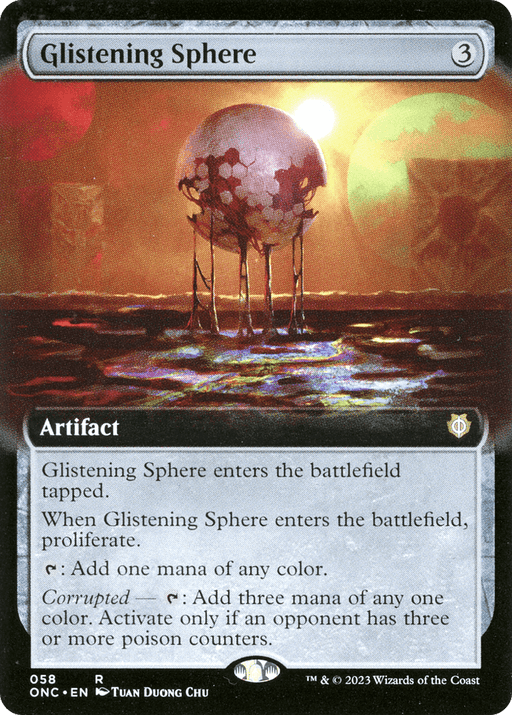 A Magic: The Gathering card titled "Glistening Sphere (Extended Art) [Phyrexia: All Will Be One Commander]" from the Phyrexia: All Will Be One Commander set. This artifact features a complicated sphere floating above blackened waters under a dramatic sky. The text details its abilities, such as adding mana and proliferating. Artwork by Tuan Duong Chu.