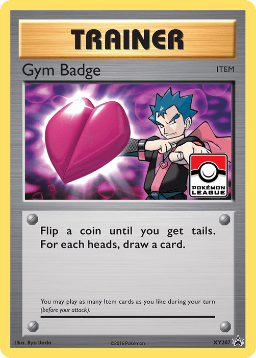 A Pokémon Trainer card titled "Gym Badge (XY207) (Koga)" from the Pokémon XY: Black Star Promos series, featuring an image of a character in a blue jacket pointing to their left. The card showcases a pink heart-shaped badge and the Pokémon League symbol. Text: "Flip a coin until you get tails. For each heads, draw a card.