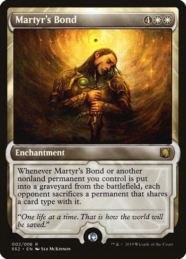 Here's an updated version of the sentence using the provided product data:

A Magic: The Gathering card titled Martyr's Bond from the Signature Spellbook: Gideon series. The artwork depicts a sorrowful warrior with a glowing headpiece holding a staff, surrounded by a fiery aura. The card text reads: "Whenever Martyr's Bond or another nonland permanent you control is put into a graveyard from the battlefield, each opponent sacrifices a permanent that shares a card type.