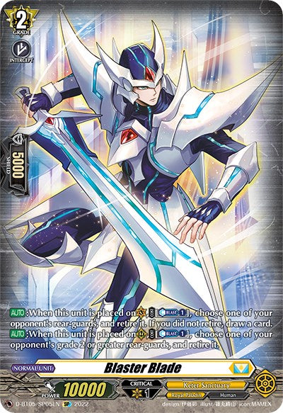 A Special Parallel trading card from Bushiroad's "Triumphant Return of the Brave Heroes," featuring "Blaster Blade (D-BT05/SP05EN)," a humanoid figure in sleek armor with glowing blue accents, wielding a radiant sword. The card showcases various stats including Grade 2, Power 10,000, and Critical 1. Text and skill descriptions are located at the bottom and left sides of the card.