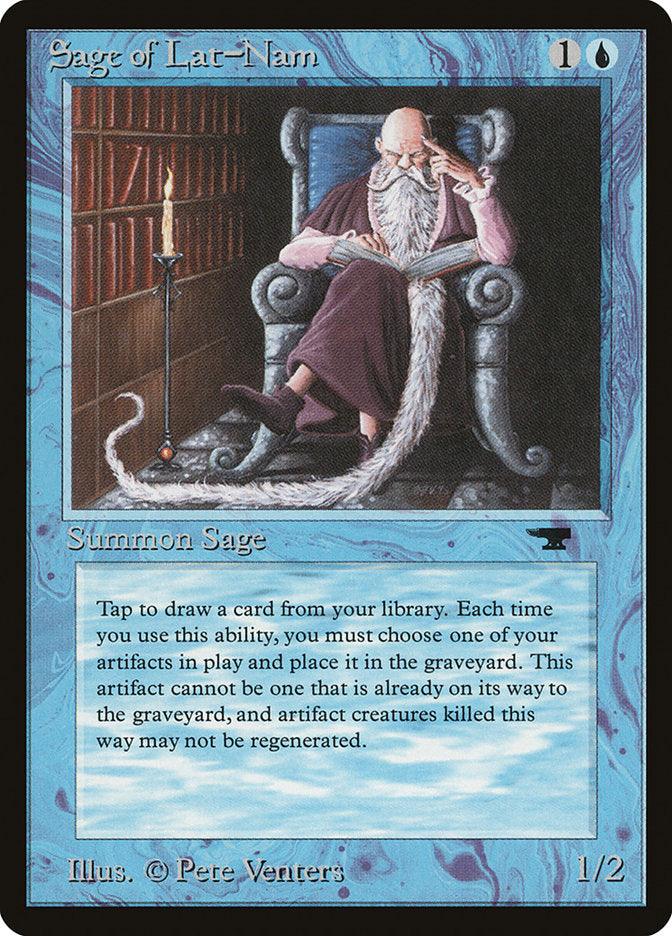 A Magic: The Gathering card titled "Sage of Lat-Nam [Antiquities]" features an elderly man with a long, white beard reading a book in a chair, surrounded by scrolls and artifacts. The card has a blue border and costs 1U to cast. It is a 1/2 Human Artificer, with the text explaining its ability to use tapping and sacrifice an artifact.