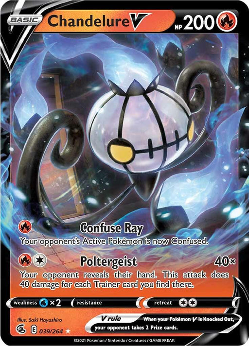 A Pokémon trading card featuring Chandelure V (039/264) [Sword & Shield: Fusion Strike] from the Pokémon brand. The card displays a ghostly chandelier Pokémon with glowing eyes and flames. It has 200 HP and shows two moves: Confuse Ray and Poltergeist. The dark background is adorned with ethereal blue flames. It's an Ultra Rare card numbered 039/264 with an illustrated border.