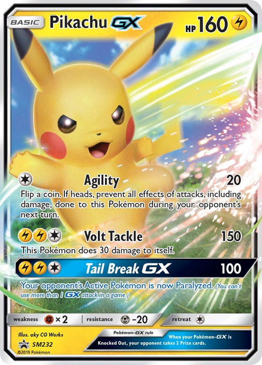 A Pokémon trading card depicting Pikachu GX (SM232) [Sun & Moon: Black Star Promos] from the Pokémon series. Pikachu is positioned dynamically with a glowing light effect and sparkles around it. The card indicates its HP as 160 and includes three moves: Agility, Volt Tackle, and Tail Break GX. The card text and stats are detailed towards the bottom.