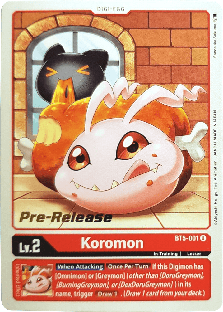 A "Koromon [BT5-001] [Battle of Omni Pre-Release Promos]" trading card from the Digimon series features Koromon, a pink, blob-like creature with long ears, a happy expression, and big eyes. The card also depicts an angry black creature inside an orange shell and showcases various stats and abilities from the Battle of Omni series.