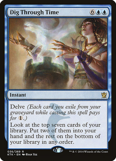 The Magic: The Gathering card "Dig Through Time" from the Khans of Tarkir set is an instant that requires 6 colorless and 2 blue mana to cast. The artwork features a female figure conjuring magic from a glowing blue orb, while the text box details the Delve ability and allows you to look at the top seven cards of your library.