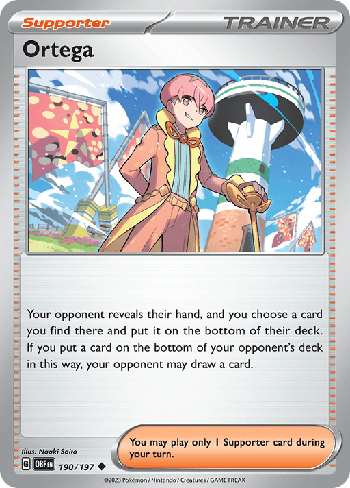 A Pokémon card from Scarlet & Violet: Obsidian Flames features Ortega (190/197) [Scarlet & Violet: Obsidian Flames], an uncommon supporter with pink hair and a stylish outfit. They stand confidently in an urban setting with a ferris wheel and skyscrapers in the background. The text describes Ortega's ability to move a card from an opponent's hand to the bottom of their deck.