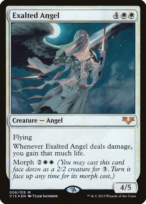 A Magic: The Gathering card named "Exalted Angel [From the Vault: Angels]," featured in From the Vault: Angels. The artwork depicts an angel with white wings, a glowing face, and wielding a sword. Costing 4 white mana, it has Flying, Life gain upon dealing damage, and a Morph cost. Its power/toughness is 4/5.