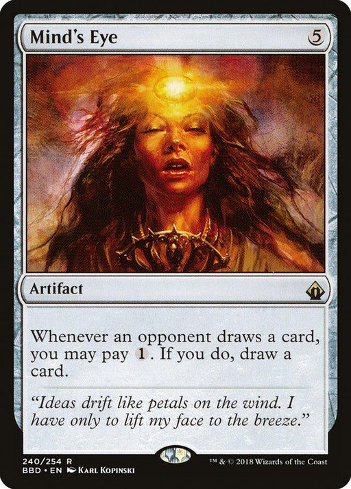 The image is of a Magic: The Gathering card called "Mind's Eye [Battlebond]." It is a rare artifact card with a mana cost of 5. The card's ability allows you to pay 1 mana whenever an opponent draws a card to draw one yourself. The artwork, by Karl Kopinski, features a woman with closed eyes emanating light.