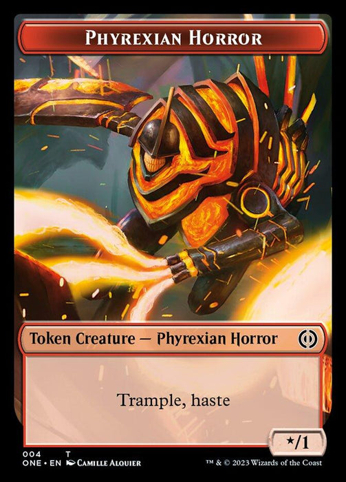 A Magic: The Gathering card titled "Phyrexian Horror Token (004) [Phyrexia: All Will Be One Tokens]." The vivid artwork features a humanoid creature with mechanical, fiery limbs encased in black and orange armor, emitting sparks. This Token Creature is categorized as "Phyrexian Horror" with abilities "Trample, haste" and a power/toughness of */1.