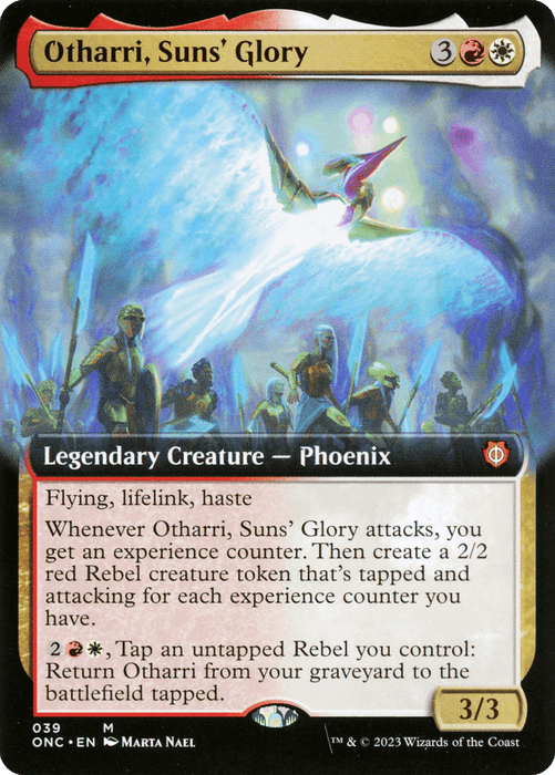 A Magic: The Gathering card titled "Otharri, Suns' Glory (Extended Art) [Phyrexia: All Will Be One Commander]" features an illustration of a majestic Phoenix soaring above a group of rebels. This Legendary Creature has a casting cost of 3 red and white mana, flying, lifelink, haste, and boasts power and toughness stats of 3/3.