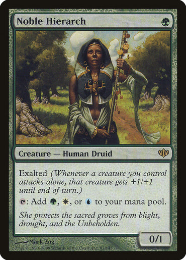 The Magic: The Gathering card "Noble Hierarch [Conflux]" features a Human Druid with Exalted abilities to boost a lone attacker and generate mana. The flavor text emphasizes her duty to protect groves. Artwork by Mark Zug.