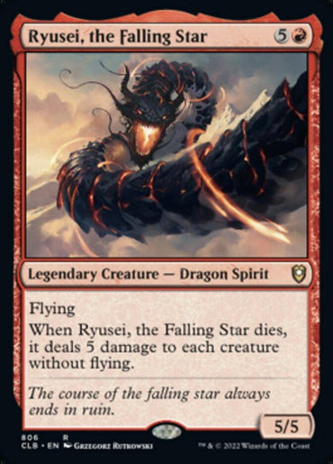 A "Magic: The Gathering" card named "Ryusei, the Falling Star [Commander Legends: Battle for Baldur's Gate]." From Magic: The Gathering, it has red borders and costs 5 colorless and 1 red mana to play. This Legendary Creature features a Dragon Spirit in dark, fiery tones. With Flying, it deals 5 damage to each creature without flying when it dies. It's a