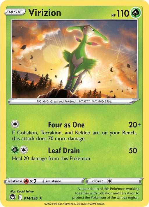 A rare Pokémon trading card from the Sword & Shield: Silver Tempest series featuring Virizion. The card displays an image of Virizion, a green, quadrupedal creature with large, pointed ears and pink accents. It has 110 HP and two moves: "Four as One" and "Leaf Drain," along with stats and descriptive text on the back. This card is known as Virizion (014/195) [Sword & Shield: Silver Tempest] by Pokémon.