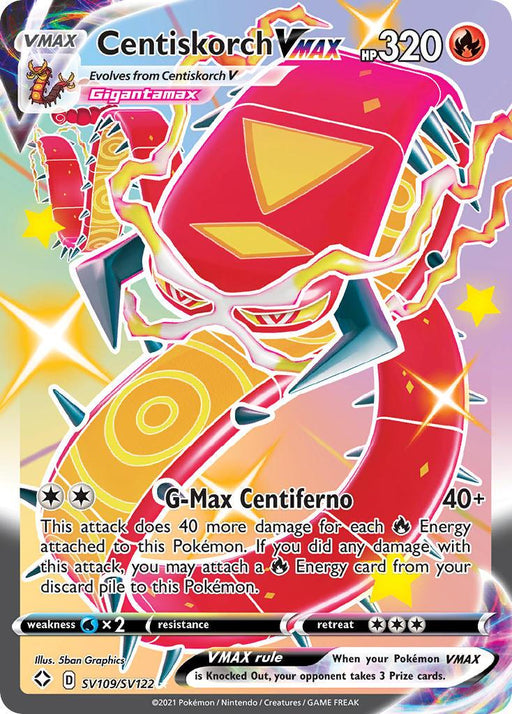 A Pokémon Centiskorch VMAX (SV109/SV122) [Sword & Shield: Shining Fates] from the Shining Fates collection. The card features a dynamic illustration of a fiery orange and red centipede-like creature with yellow rings along its body. It has 320 HP, is of Fire type, and includes the move "G-Max Centiferno." This Ultra Rare card is marked as SV109/SV122.